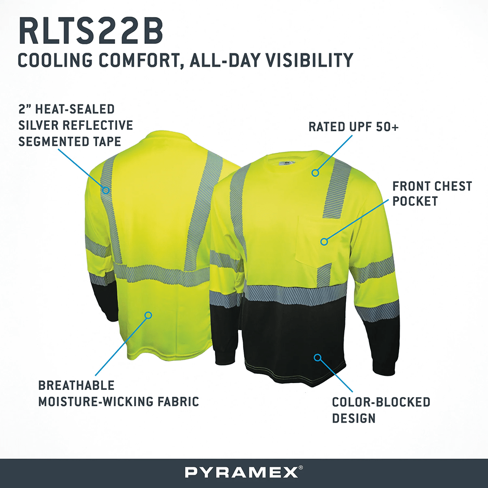 Pyramex RLTS22B Long Sleeve T-Shirt with Segmented Tape & Black Bottom - Gorvex.com