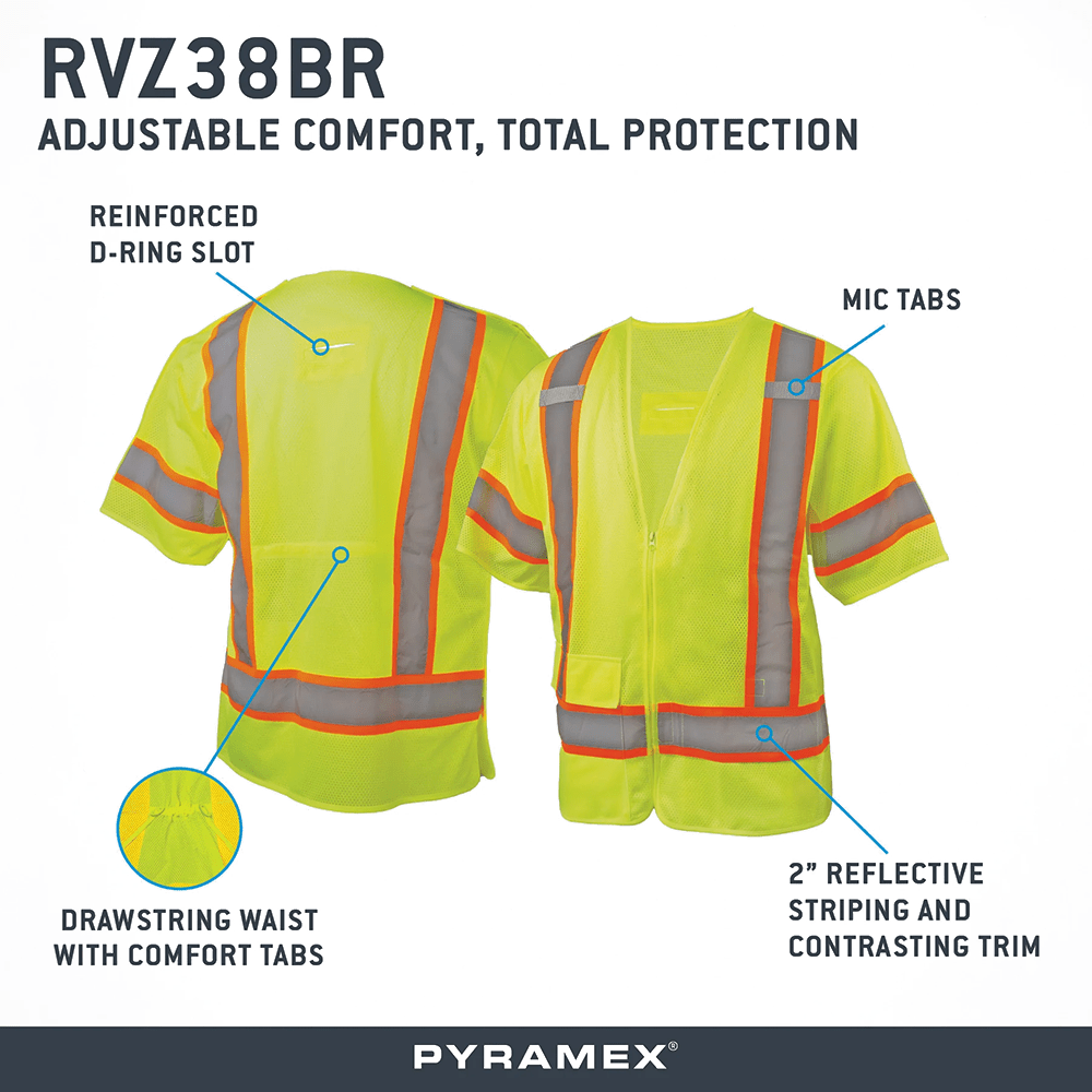 Pyramex RVZ38BR Class 3 Breakaway Mesh Safety Vest with Drawstring Waist - Gorvex.com
