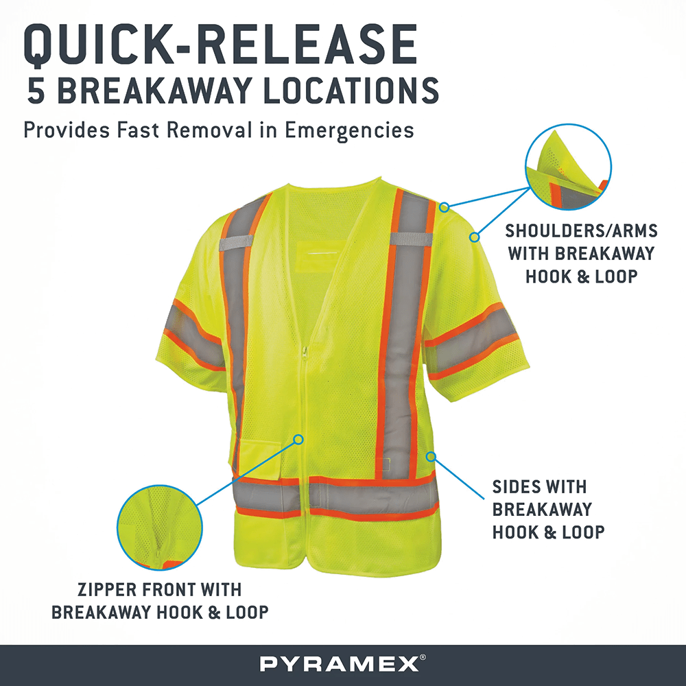 Pyramex RVZ38BR Class 3 Breakaway Mesh Safety Vest with Drawstring Waist - Gorvex.com