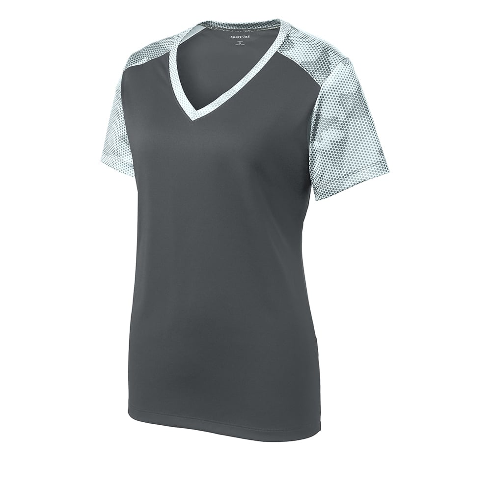 Sport - Tek LST371 Women's CamoHex Two - Tone V - Neck T-Shirt - Gorvex.com