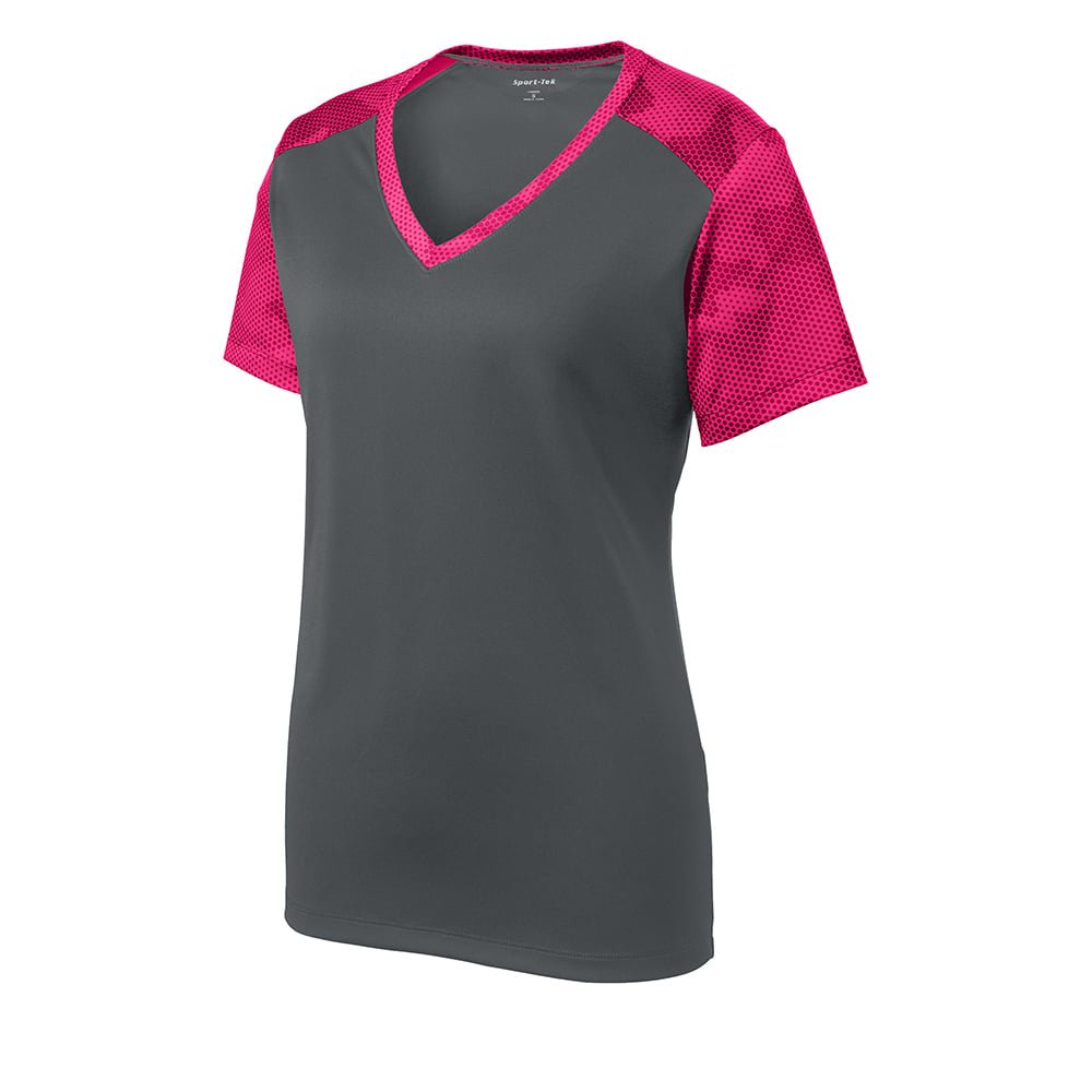 Sport - Tek LST371 Women's CamoHex Two - Tone V - Neck T-Shirt - Gorvex.com