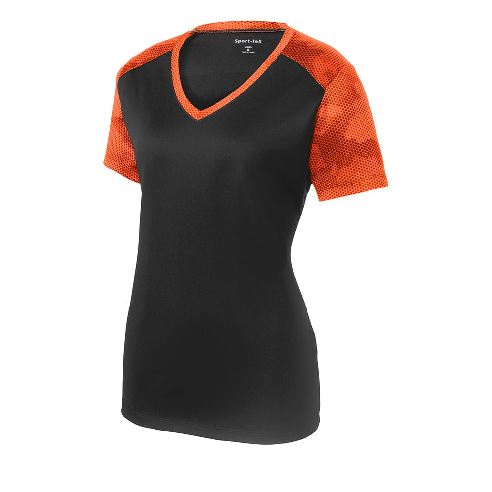 Sport - Tek LST371 Women's CamoHex Two - Tone V - Neck T-Shirt - Gorvex.com