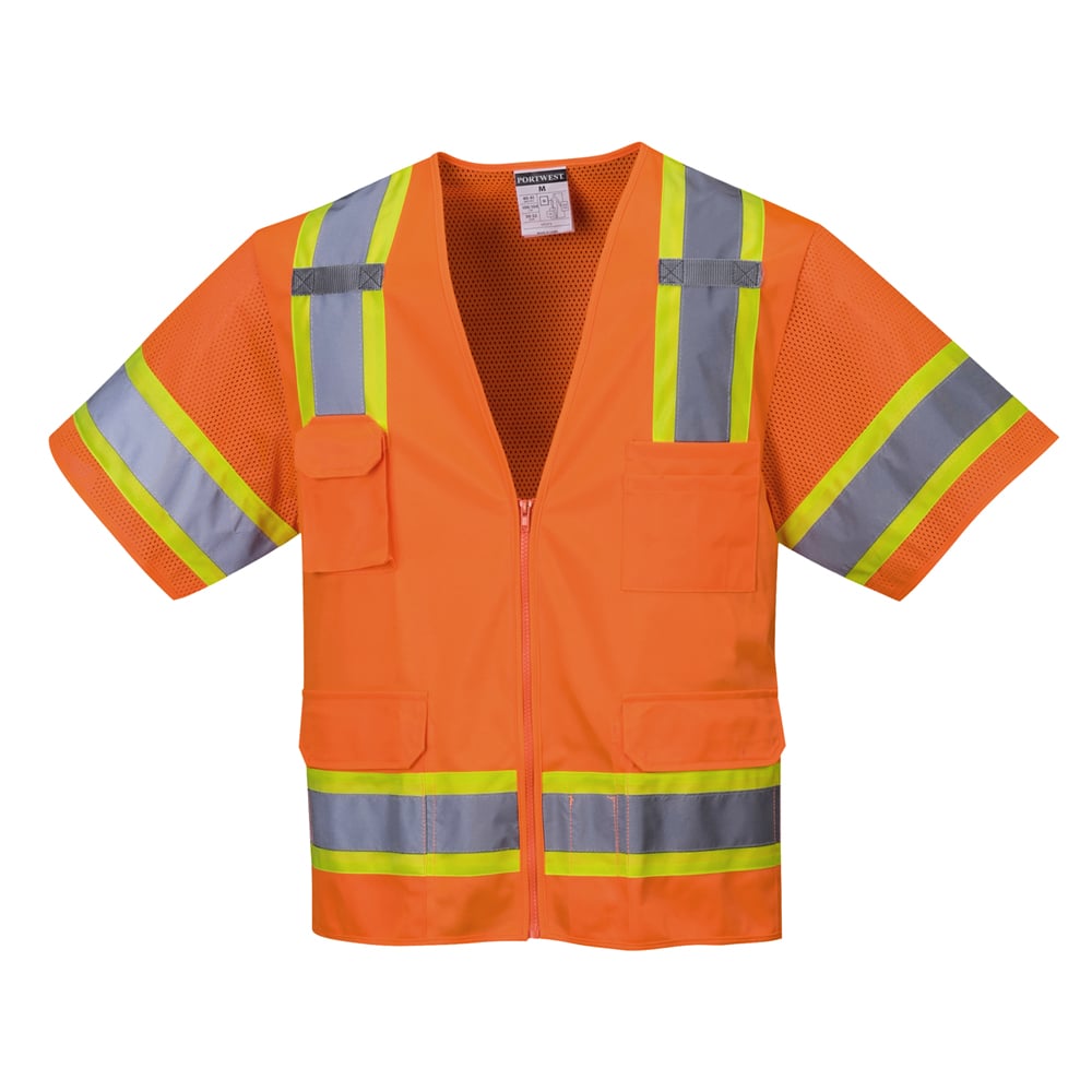 Portwest US373 Aurora Hi Vis Mesh/Solid Sleeved Vest with Zip Closure