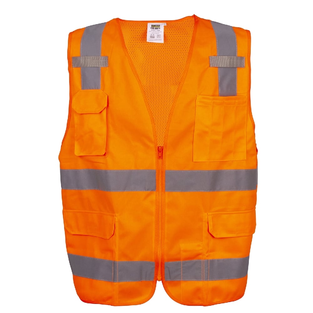 COR-BRITE® Hi Vis Solid & Mesh Vest with 11 Pockets and Flashlight/Mic Tabs
